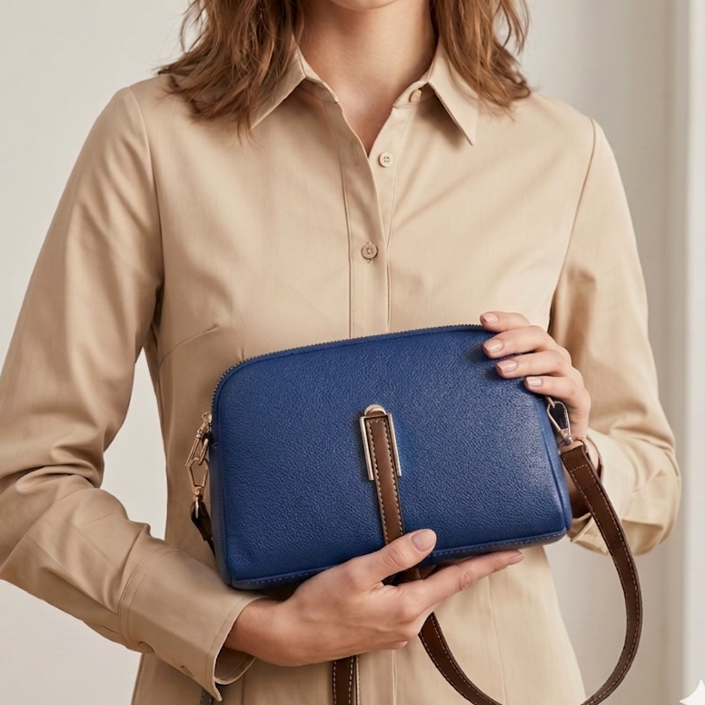 Woman holding a blue handbag against a plain background