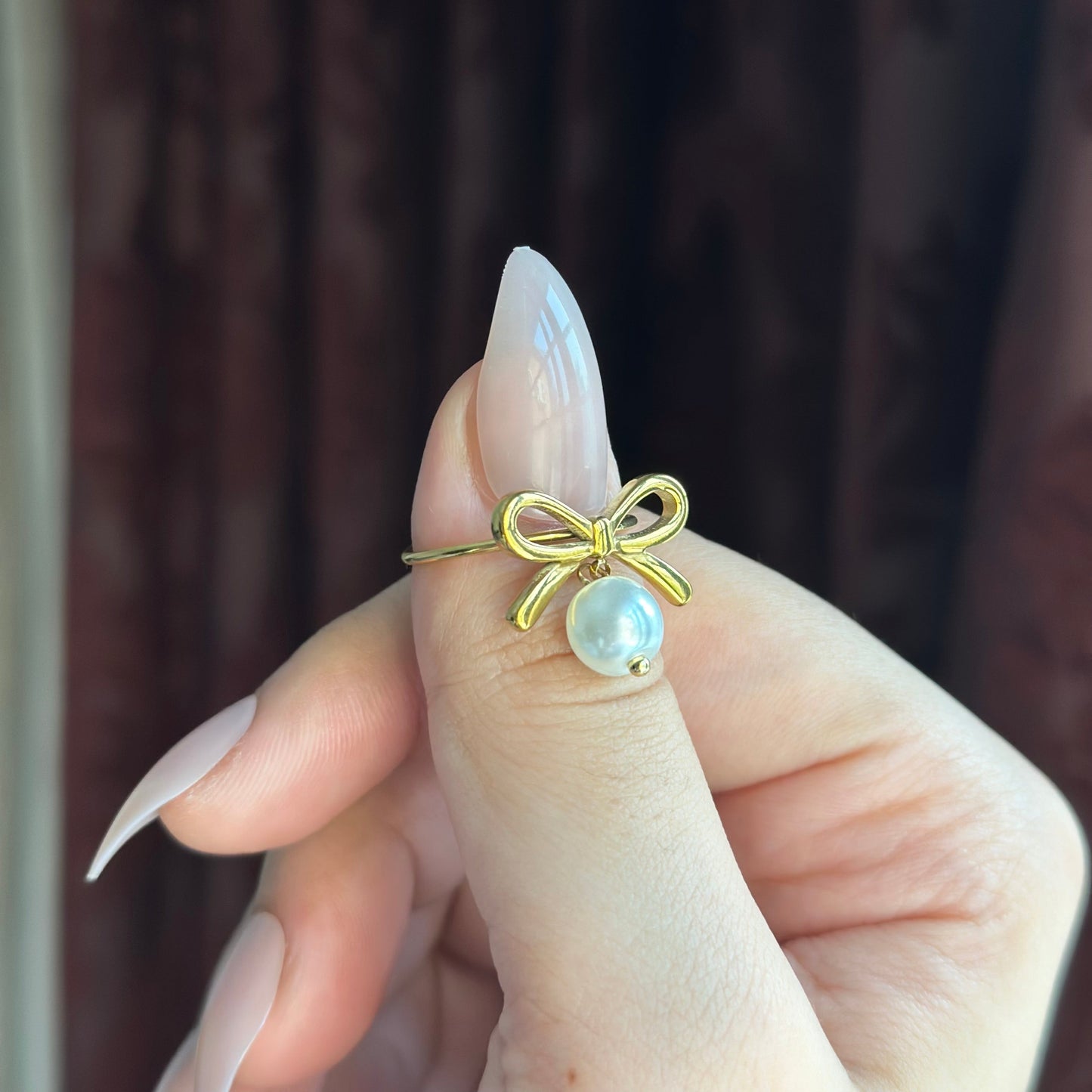 Cute Bow Pearl Charm Ring-Adjustable