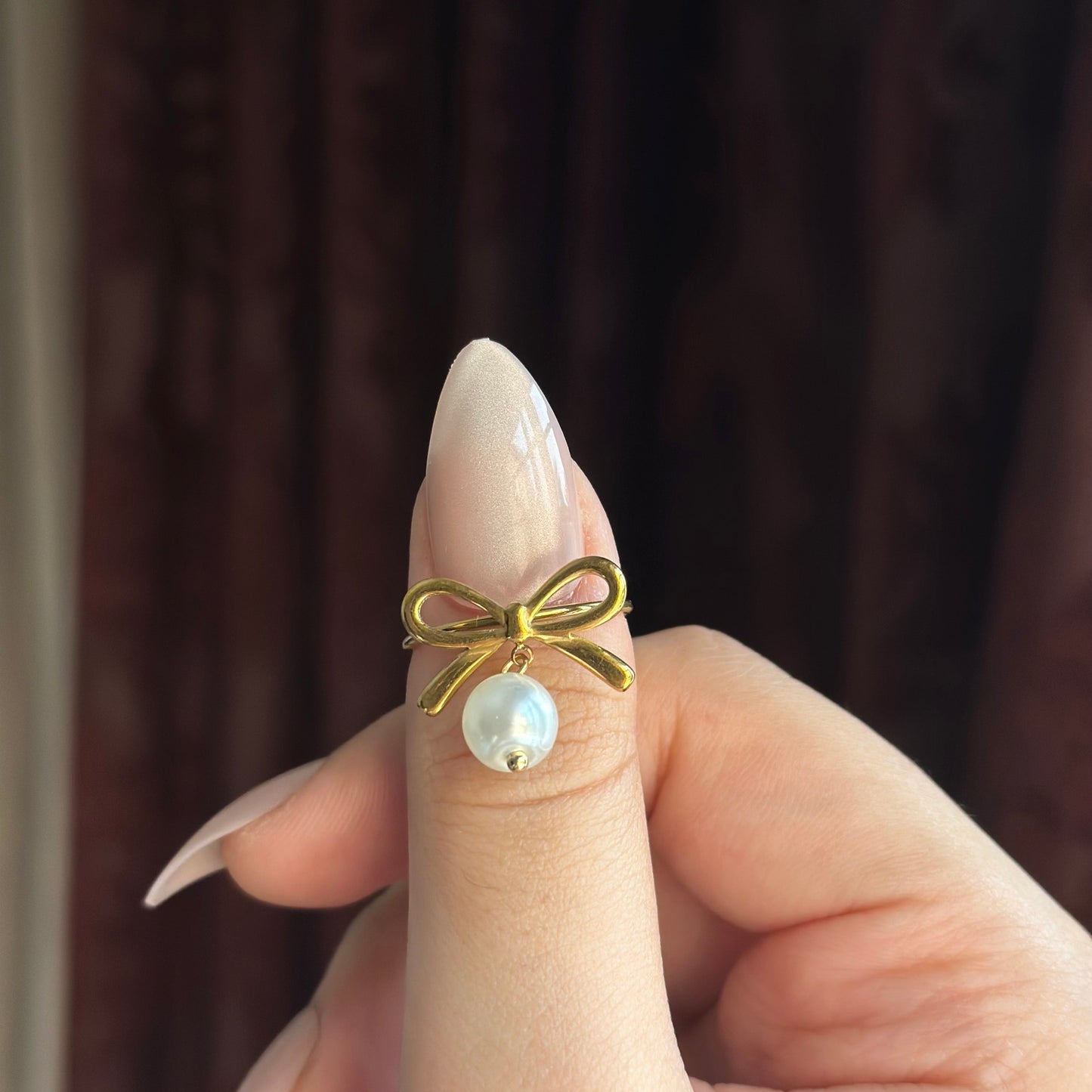 Cute Bow Pearl Charm Ring-Adjustable