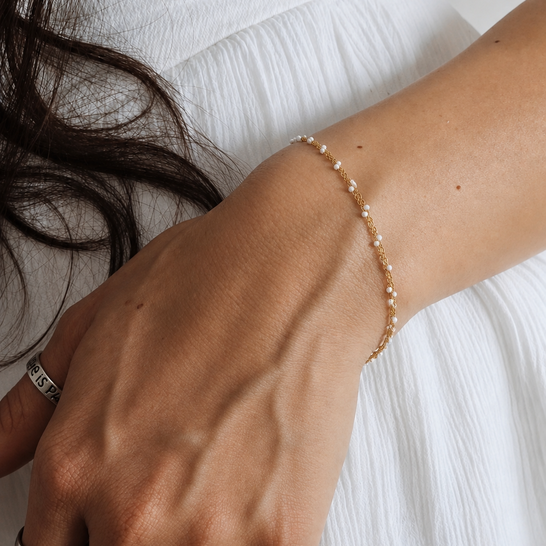 18K White Beaded Bracelet Chain